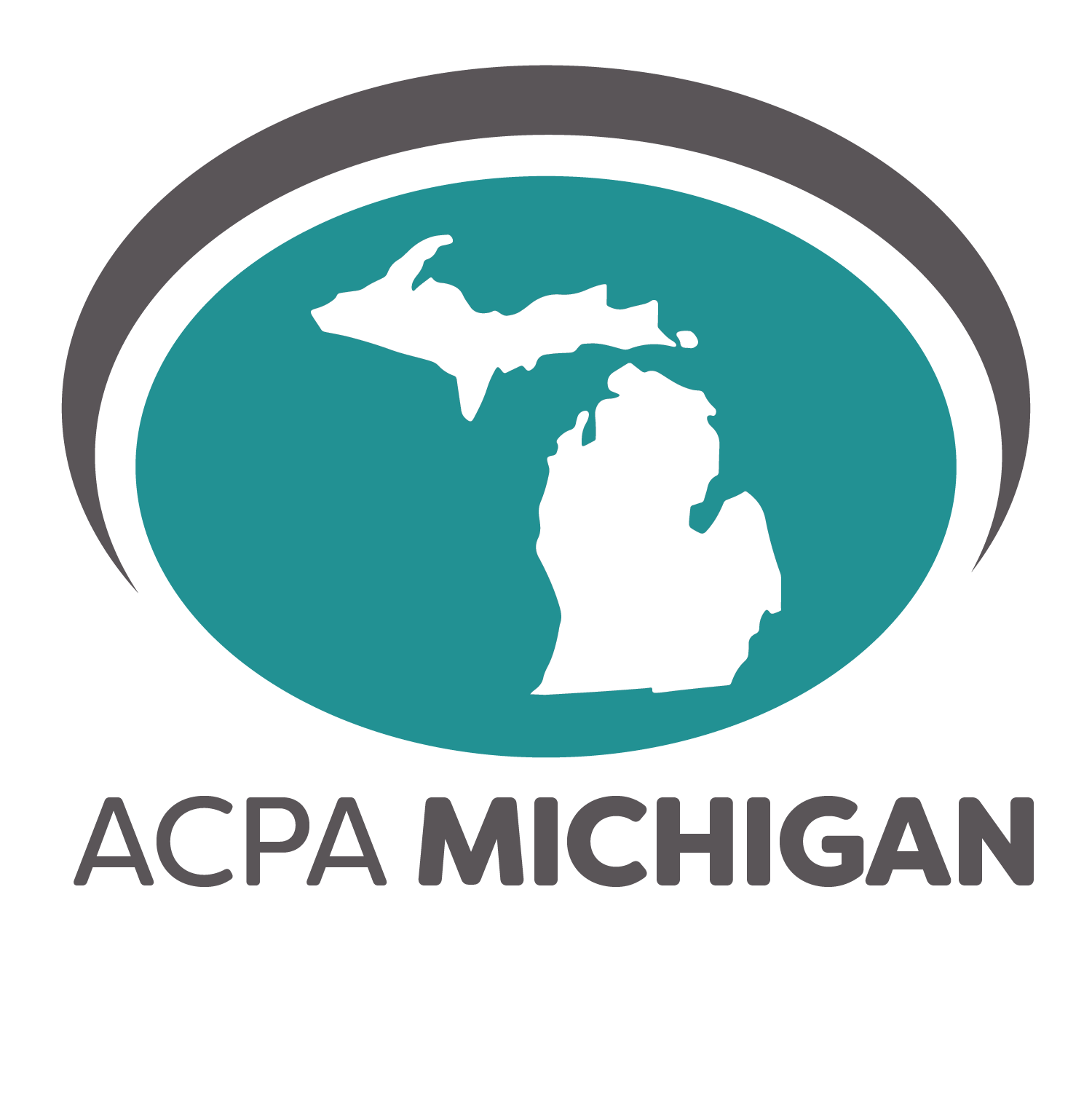 ACPA MI Logo. Teal oval housing the shape of the state of Michigan with the text ACAP MICHIGAN on the bottom