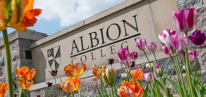 Albion College crest next to tulips