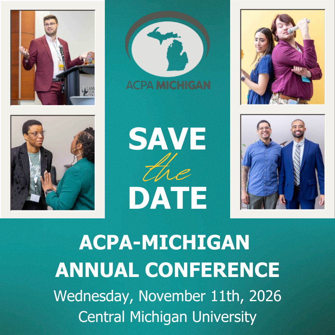 Blue graphic with four photos and the ACPA-Michigan logo with text that states "Save the Date: ACPA-Michigan Annual Conference. Wednesday, November 11th, 2026, Central Michigan University"